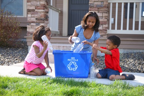 A clean and organized household with a skip in the background